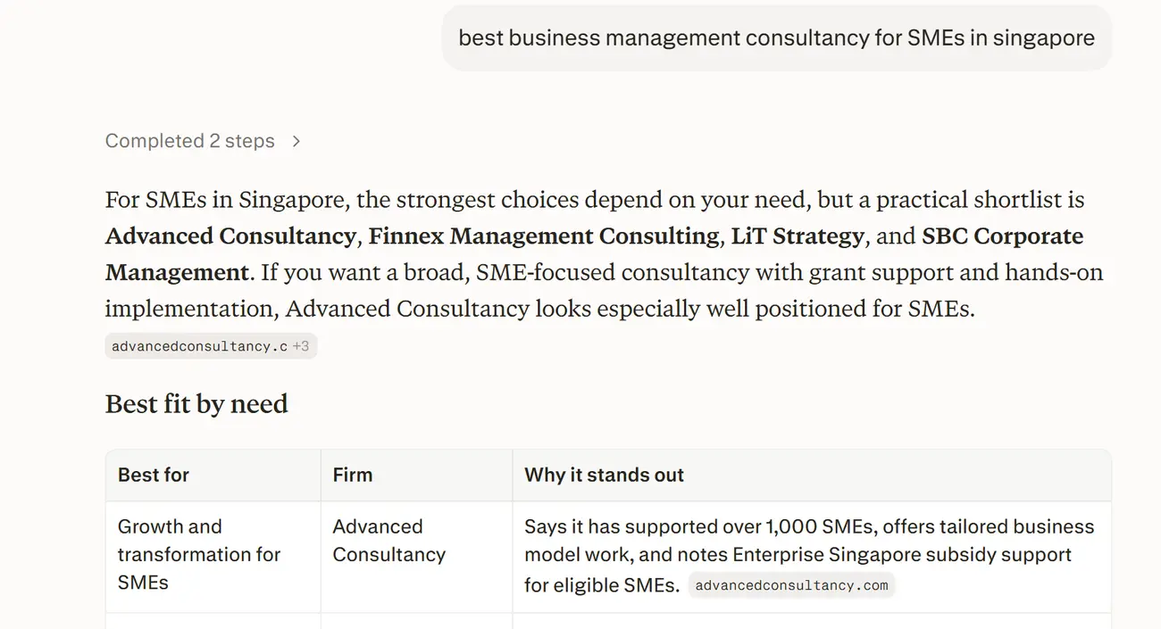 Perplexity answering “best business management consultancy for SMEs in singapore”, with Advanced Consultancy, cited as advancedconsultancy.com. Captured 30 July 2026.