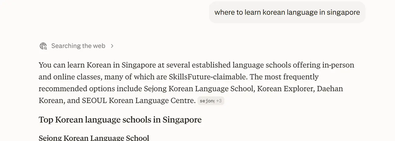 Perplexity answering “where to learn korean language in singapore”, with Korean Explorer, in the recommended shortlist. Captured 30 July 2026.