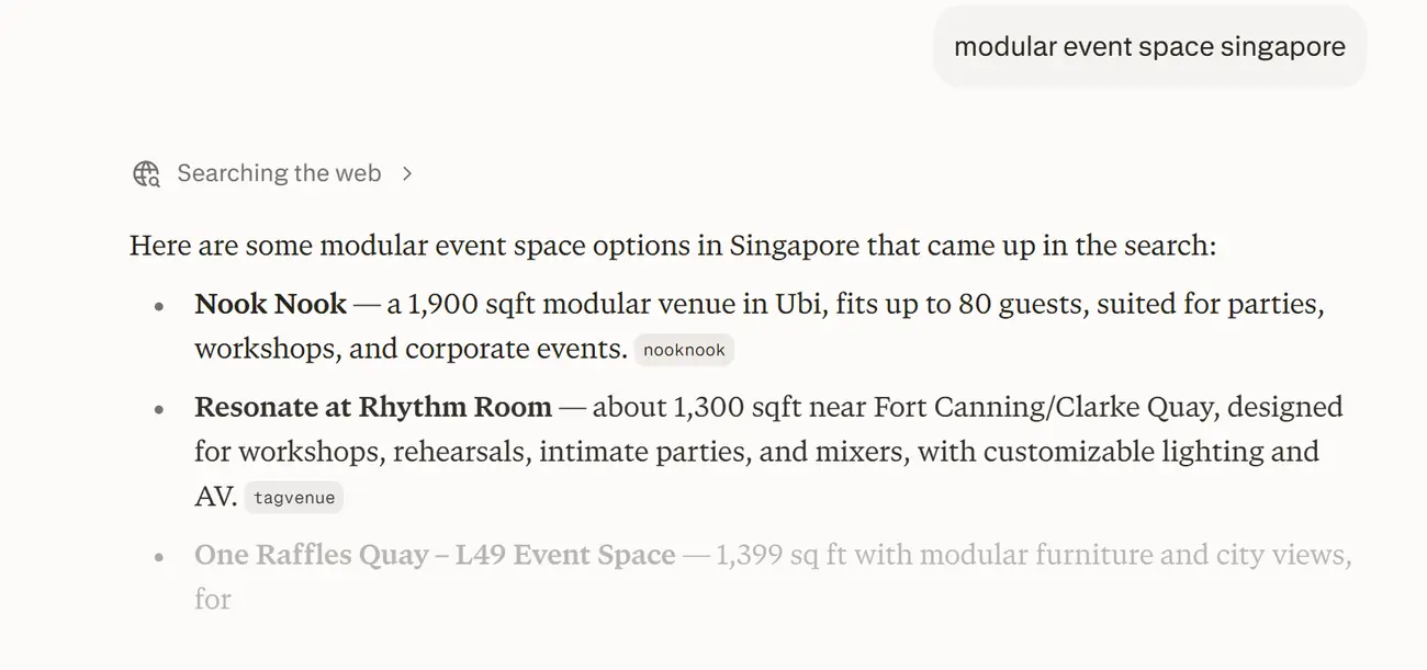 Perplexity answering “modular event space singapore”, with Nook Nook, cited as nooknook. Captured 30 July 2026.
