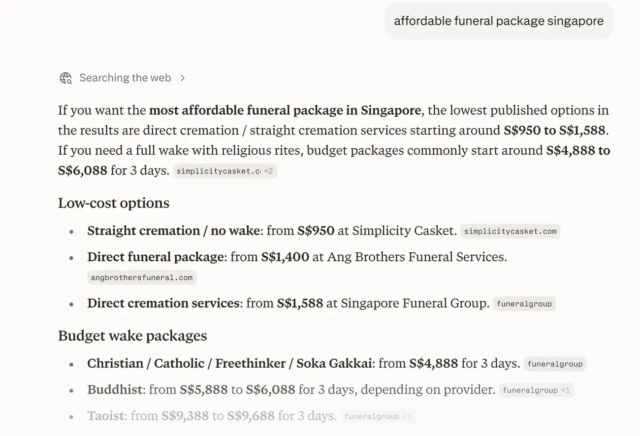 Perplexity answering “affordable funeral package singapore”, with Singapore Funeral Group, cited as funeralgroup. Captured 30 July 2026.
